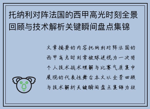 托纳利对阵法国的西甲高光时刻全景回顾与技术解析关键瞬间盘点集锦